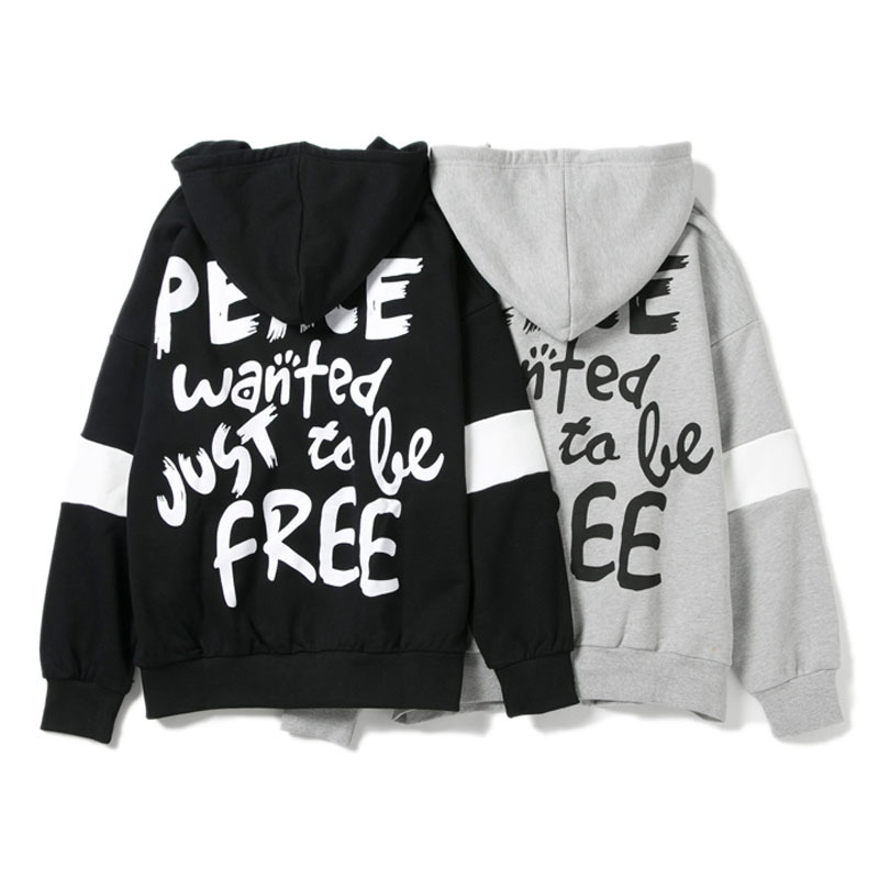 

Unissex hoodies spring fall men peace letter printed with hoodie jacket loose zipper cardigan hip hop headwear top sweaters