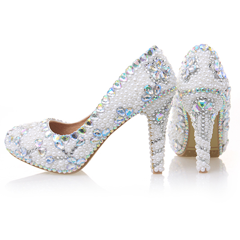 

Bombs Women White Pearl Heels High Decoration Crystal-round Toe Sexy Female Wedding Strass Ladies'shoes Party Shoes Wbpt, White;ten-inch heel