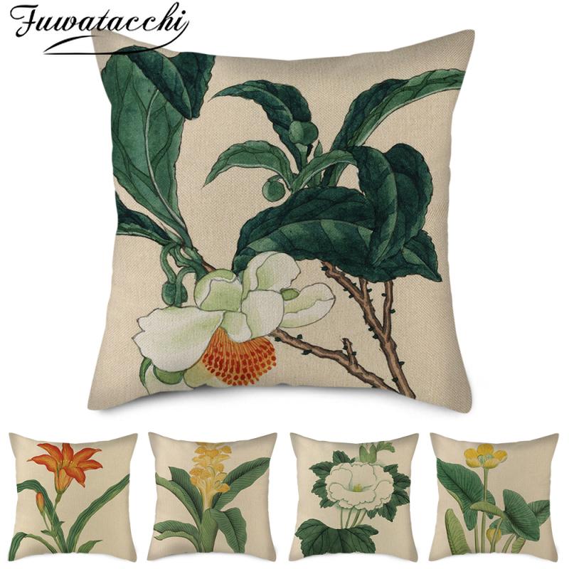 

Fuwatacchi Linen Pillow Cover Vintage Flower Printed Cushion Covers for Home Sofa Bed Decor Throw Pillowcase Funda Cojin 45x45cm, Hgsfz0063aann