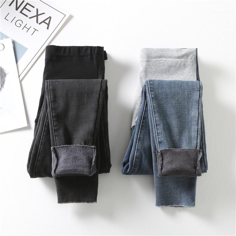 

2020 Winter Pregnant Women Jeans Thick Warm Fleece Abdomen Trousers High Waist Maternity Denim Trousers Slim Hips Pencil Pants1, Blue no velvet