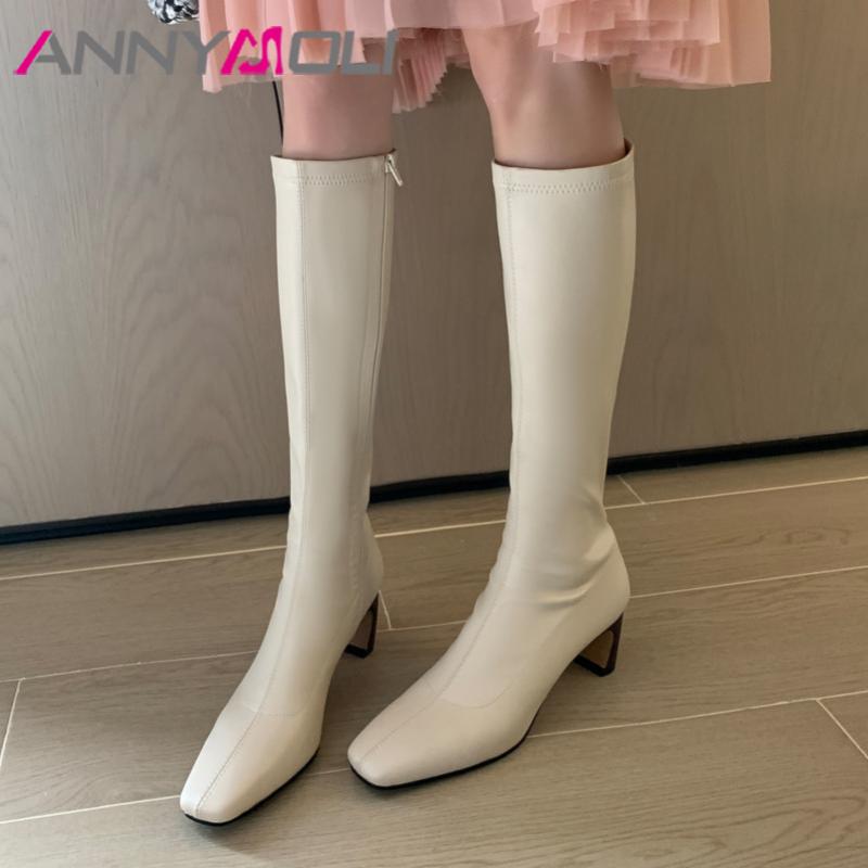 

ANNYMOLI Women Knee High Boots Shoes Square Toe Chunky Heels Boots Lady Zipper High Heel Long Autumn Winter Apricot 33-40, Black synthetic lin