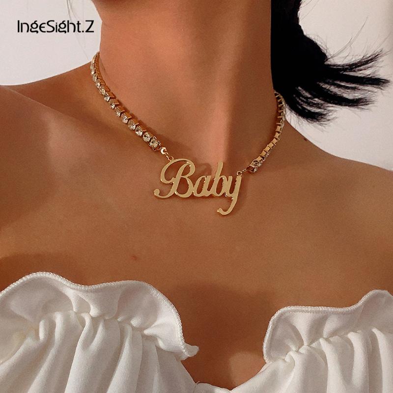 

IngeSight.Z Luxury Shiny Rhinestone Crystal Choker Necklace Collar Punk Initial Letter Baby Pendant Necklaces for Women Jewelry