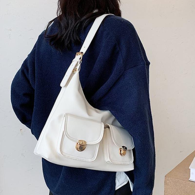 

Vintage Women's Bag Solid Multiple Pockets Women's Shoulder Bag High Quality Pu Female Bags Large Capacity Bags For Women 2021, White