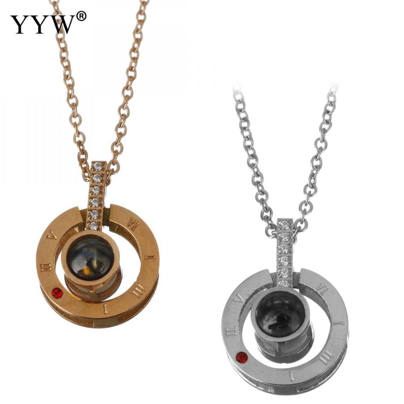 

Pendant Necklaces Hollow Round Roman Numerals Long Chain Necklace Women Stainless Steel Miniature Projection Jewelry Accessories