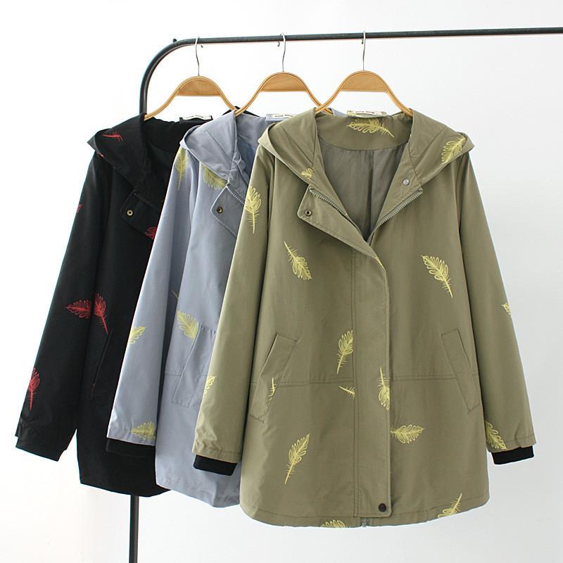

Oversized Women Feather Print Hooded trench Coat Loose Casual Top Mother Windbreaker Threaded Cuffs Outwear Plus Size 4XL KW465, Black