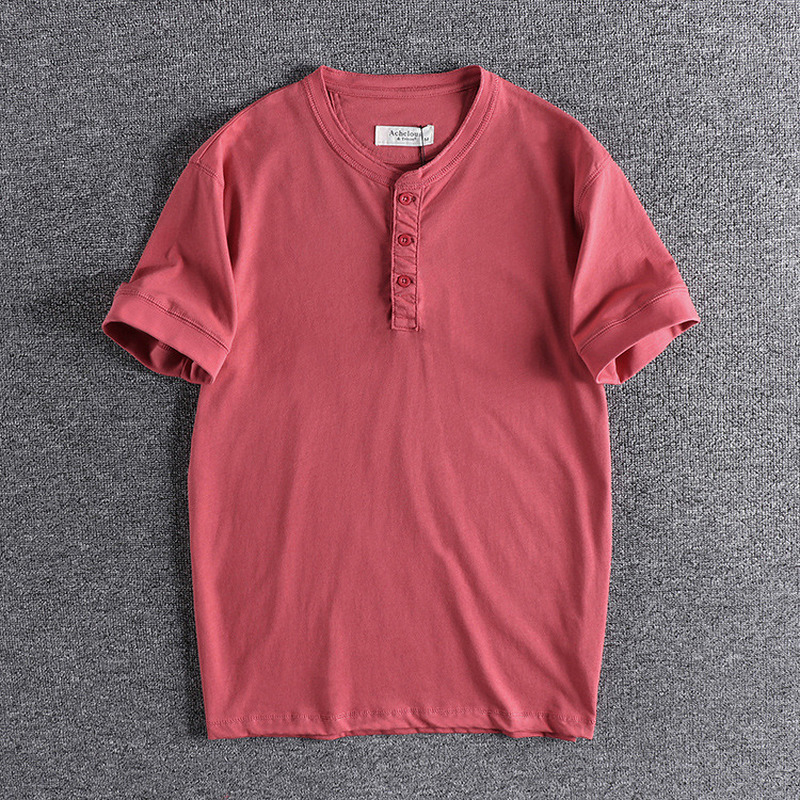 

2021 New Men American Trendy Solid Color Youth Neck Collar Short-sleeved T-shirt Summer Men's Bottoming Shirt with Button Streetwear Bx2y, White