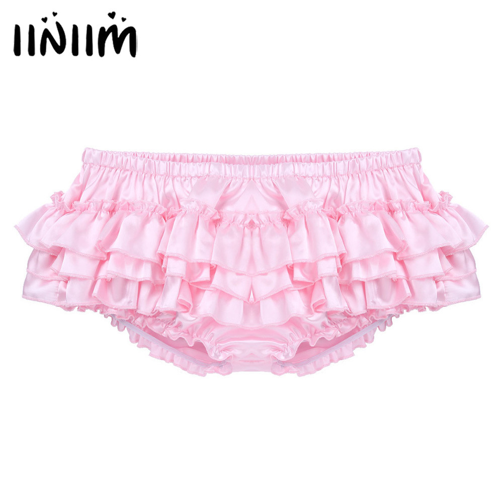 

iiniim Mens Lingerie Gay Panties Shiny Satin Ruffled Bloomer Tiered Skirted Panties Briefs for Sexy Bikini Male Sissy Underwear 201112, Black