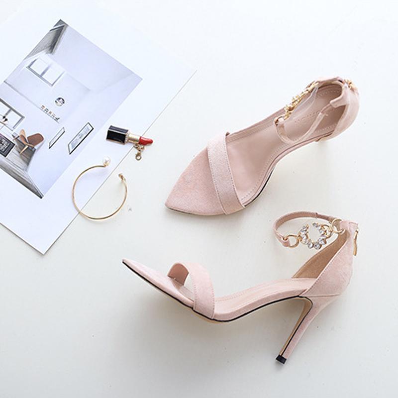 

Teahoo new summer women sandals comfortable ankle strap rear zip 8cm high heels fashion pointed open toe women roman shoes1, Black