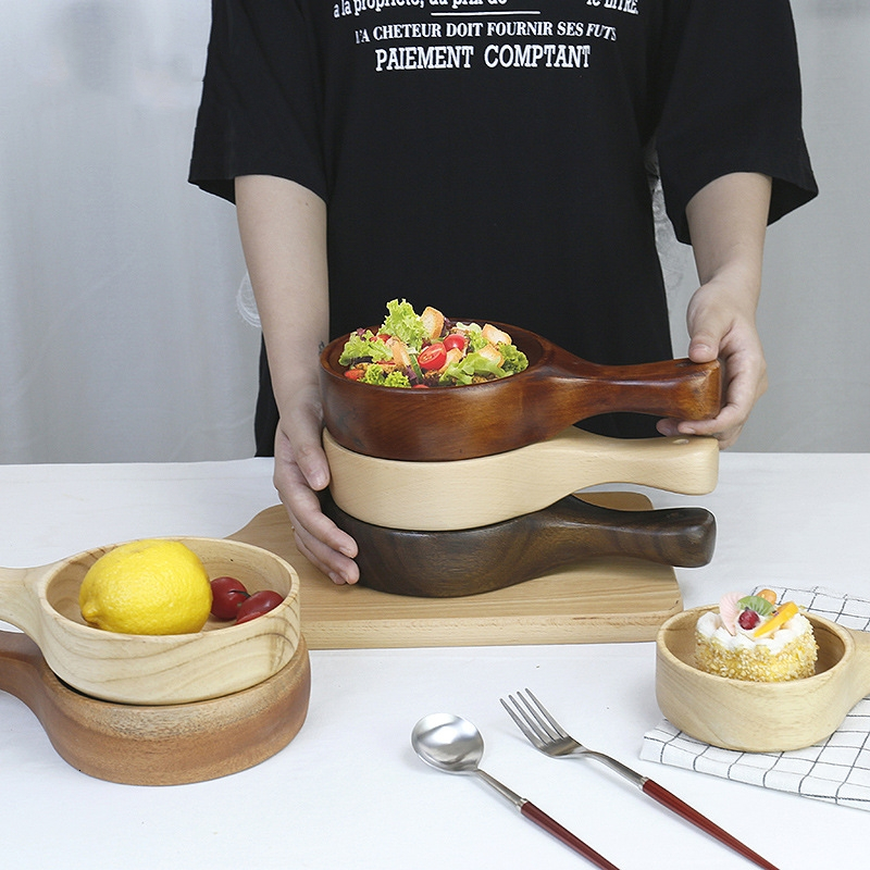 

2021 New Solid Wooden Sushi Bowls Wood Tableware Handle Food Rice Fruit Storage Bowl K17p