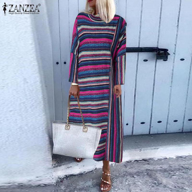 

ZANZEA Casual Turtleneck Vestidos Female Cotton linen Robe Femme Irregular Floral Printed Kaftan Womens Autumn Long Dress -5XL, Blue