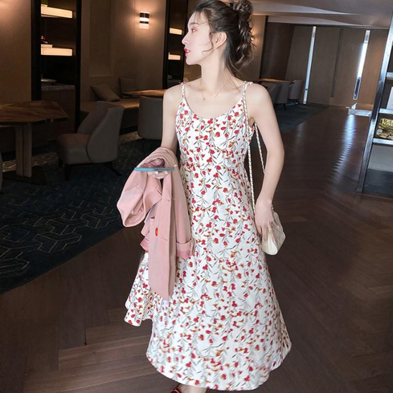 

Bohemian Style Sling Dresses For Women 2020 Summer New Beach Holiday Floral Print Dress Fashion Sexy Slim O-Neck Dress, Red