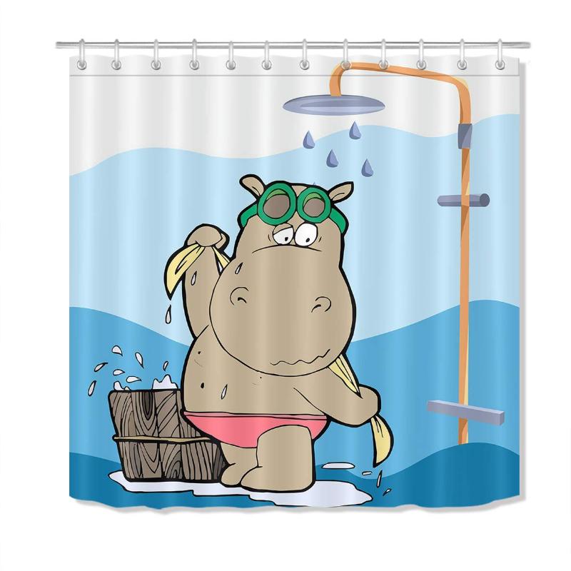 

Cute Kids Cartoon Funny Hippopotamus Taking Shower Design Bathroom Deocr