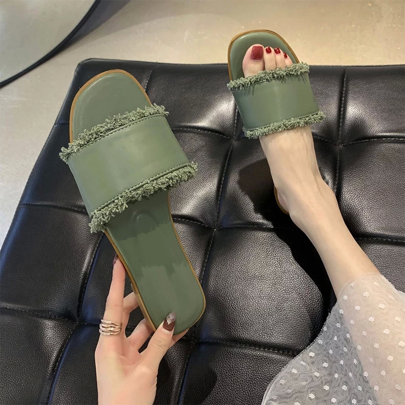 

Women Slippers Summer Flats Female Indoor Sandalies Ladies Pu Leather Home Footwear Woman Beach Slides Fashion 2021 Square Toe #A70b, Beige