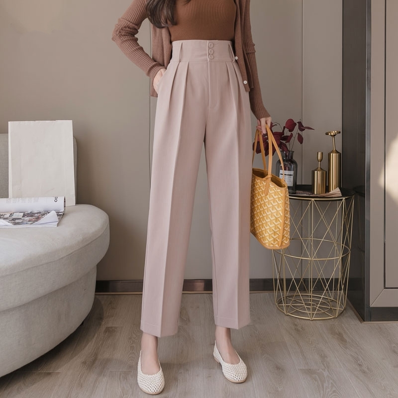 Autumn New Korean OL Style Women Formal Harem Pants Pockets High Waist Elegant Office Lady Button Ankle-Length Pants 201111