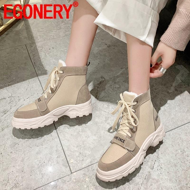 

EGONERY Winter New Casual Ankle Boots Outside Warm Mid Heels Platform Round Toe cross-tied Women Shoes Drop Shipping Size 32-451, Beige