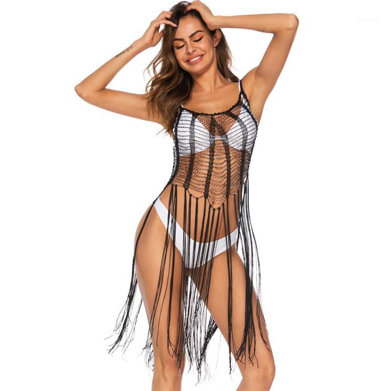 

Women Summer Sexy See Through Bathing Bikini Cover Up Beade Hollow Out Tassels Swimwear Beachwear Female Kaftan Robe Tunic1