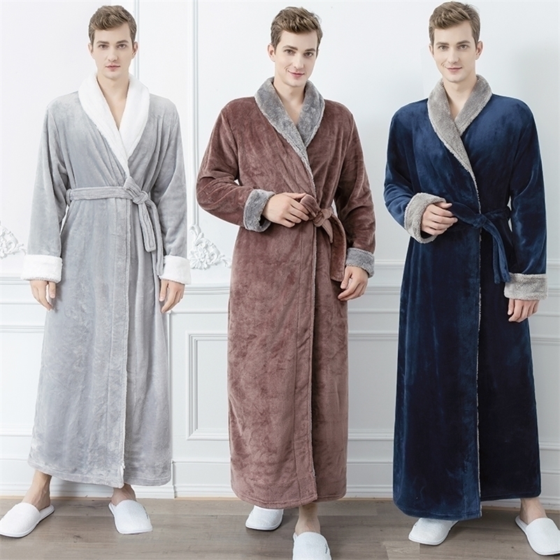 

Men Plus Size Extra Long Warm Flannel Fur Bathrobe Mens Winter Sleepwear Male Hooded Zipper Bath Robe Women Coral Dressing Gown 201111, Beige