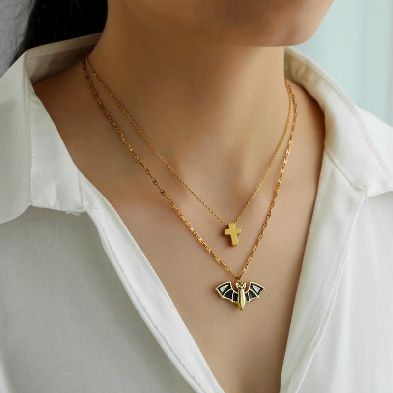 

Necklace Cross Bat Pendant Clavicle Chain Fashion Titanium Steel Double Layer Halloween Party Street Travel Gift Accessories