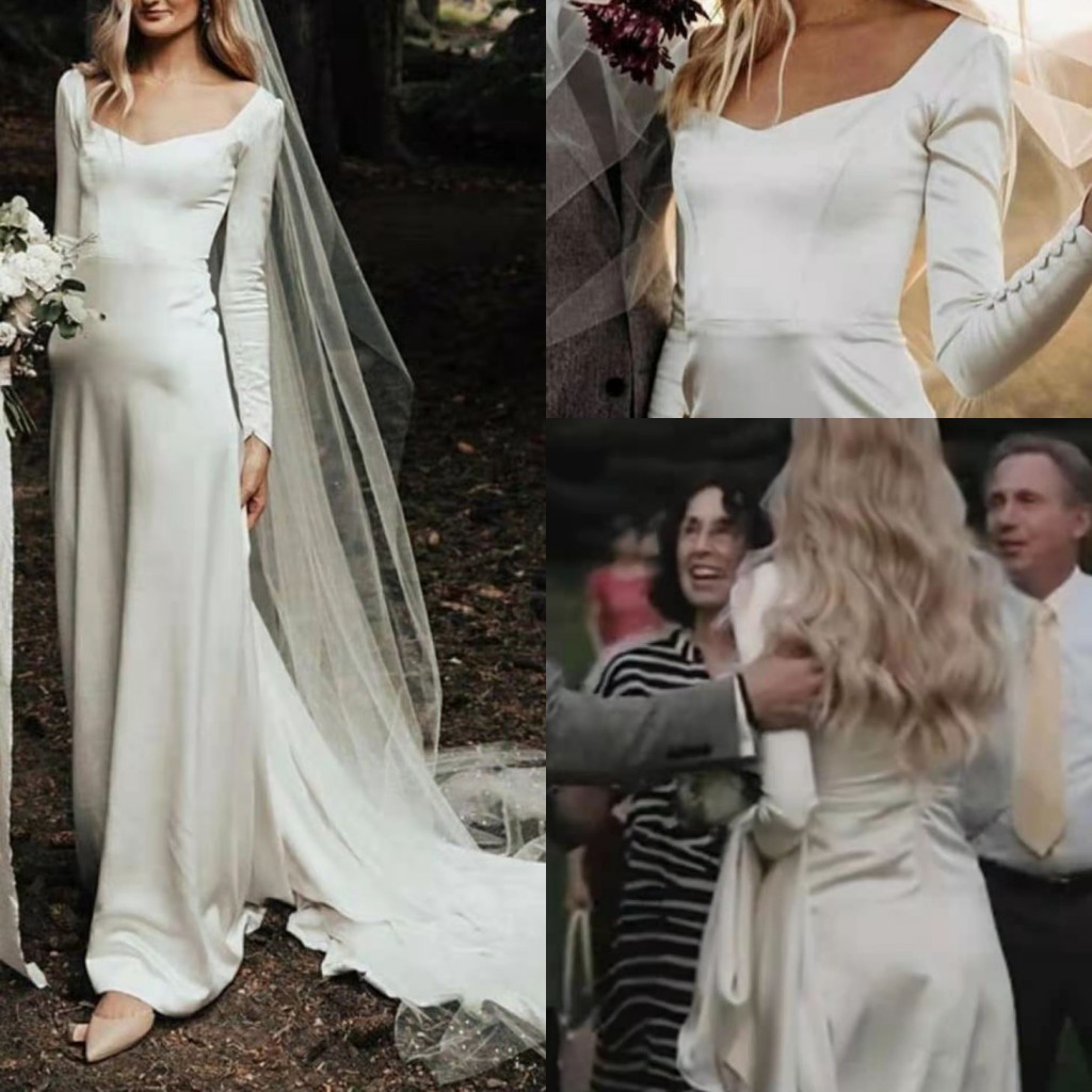 

Elegant Long Sleeves Sheath Wedding Dresses 2021 Boho Garden Simple Satin Court Train Bridal Gowns Plus Size Marriage robes de mariée AL8602, Champagne