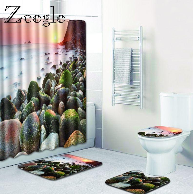 

Zeegle Stone Pattern Non Slip Bathroom Mat Shower Rug 3pcs with Shower Curtain Washing Machine Mat Water Absorption Rug Bathroom