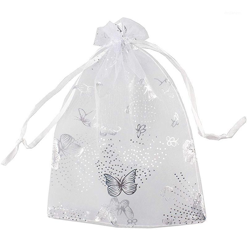 

100Pcs 9X12cm Butterfly Organza Jewelry Gift Pouch Candy Pouch Drawstring Wedding Favor Bags White1