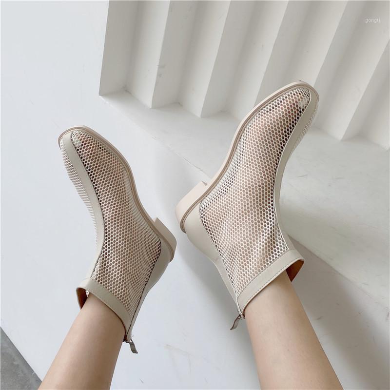 

2020 Round Toe Mesh Hollow Out Boots Women Casual Chunky Heel Ankle Boots Summer Fashion Breathable Sandals Shoes New Femme1, Apricot