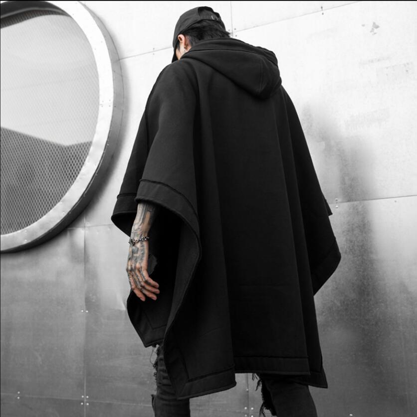 

2020 Coat Male Trench Loose New Bat Mantle Long Sweater Fashion Jacket with Hoodie Jackets Qe6m, Black