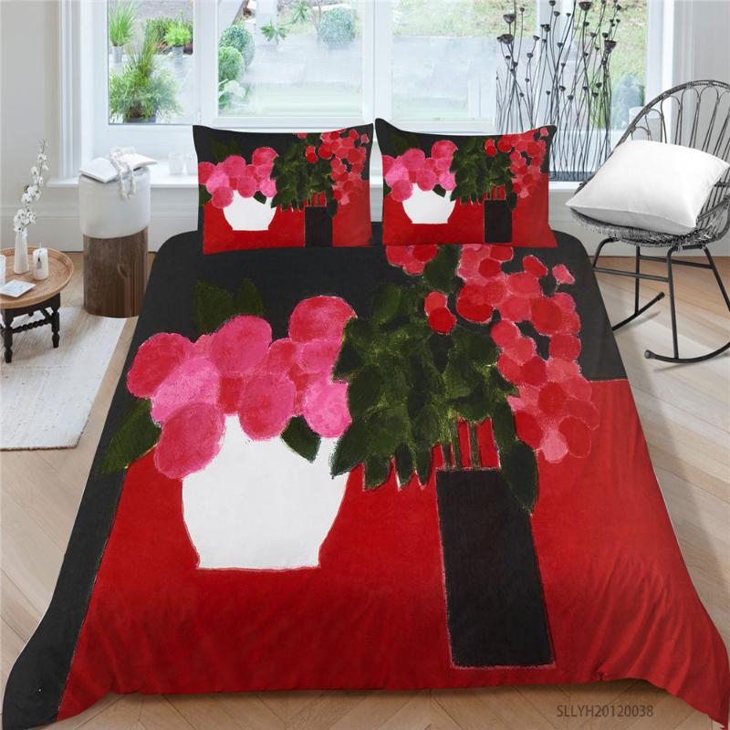 

Flowers Bed Set Queen Size Artistic Oil Painting Duvet Cover Red And Black Single Double Full  King Bedding Set Abstract, Style 4