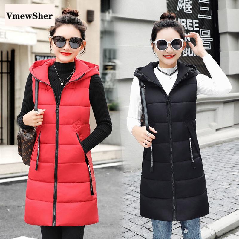 

VmewSher New Winter Women Long Parka Vest Hooded Fashion Sleeveless Jacket Basic Coat Zipper Pockets Waistcoat Slim Outwear 2020, Black