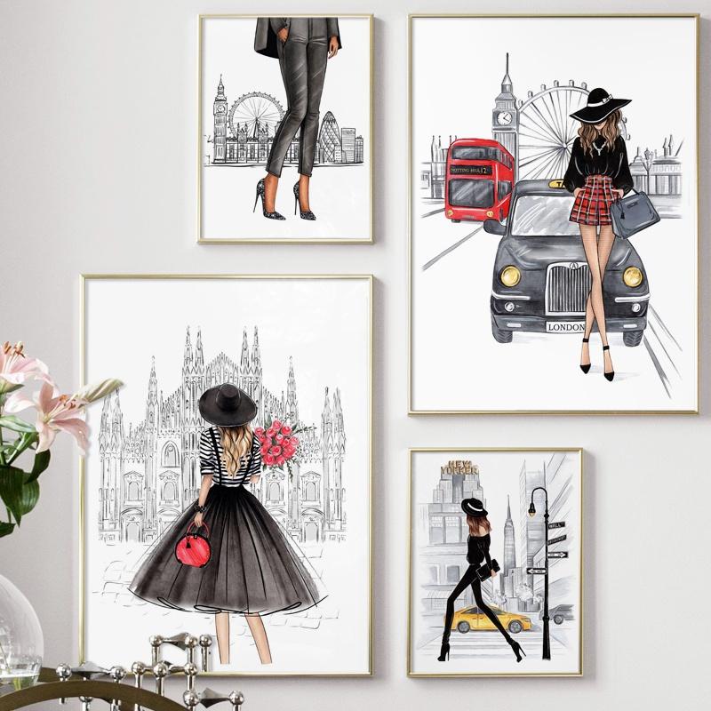 

London Paris Super model Fashion Girl Wall Art Canvas Painting Nordic Posters And Prints Wall Pictures For Living Room Decor