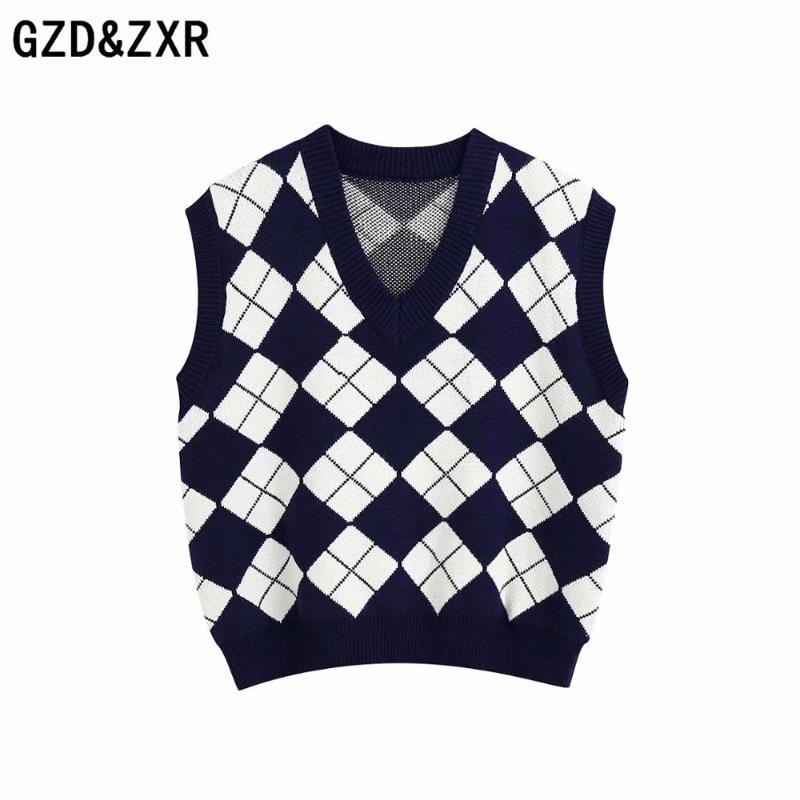 

2020 new FALL/WINTER RHOMBIC plaid v-neck knit retro vest, Navy blue