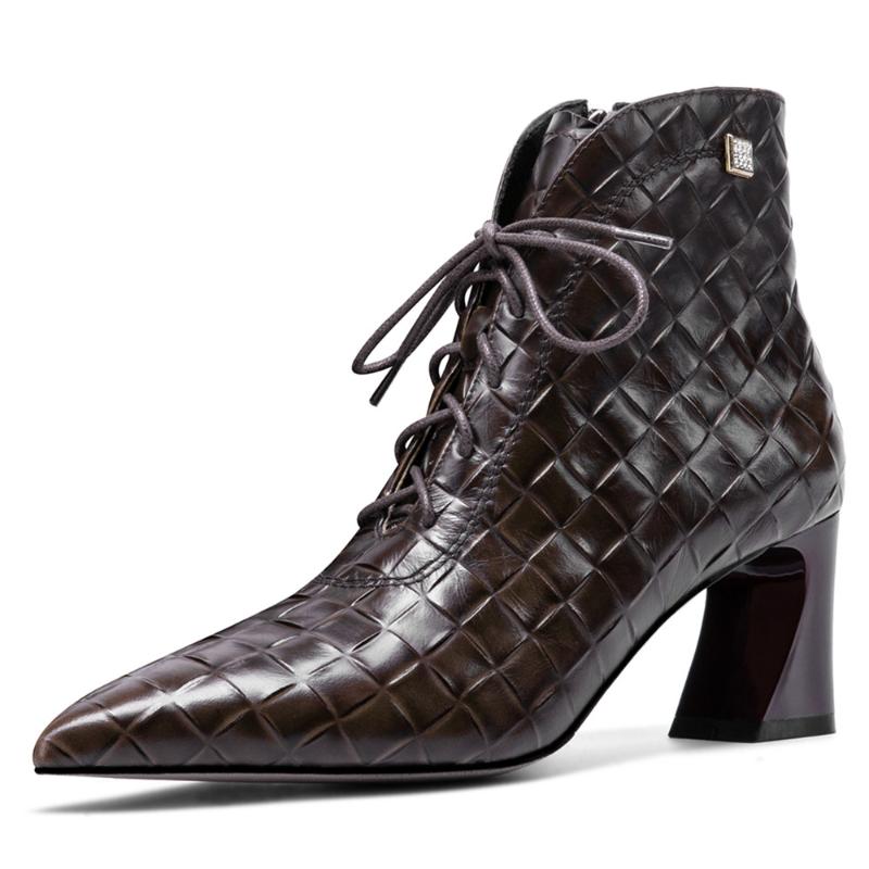 

Women's genuine leather high heel pointed toe lace-up autumn ankle boots Stone pattern elegant ladies slim dress boots shoes hot, Brown