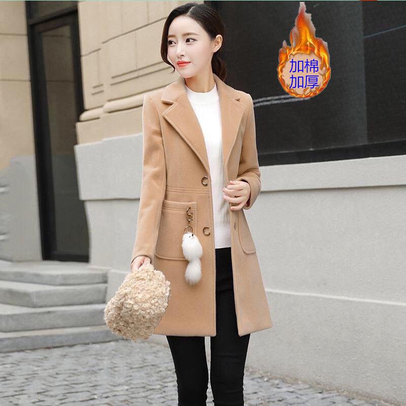 

Winter Wool Coat Slim Add Cotton Woolen Coat With/no Accessory Thick Long Women Plus Size Blend Winter Coats and Jacke, Beige no accessories