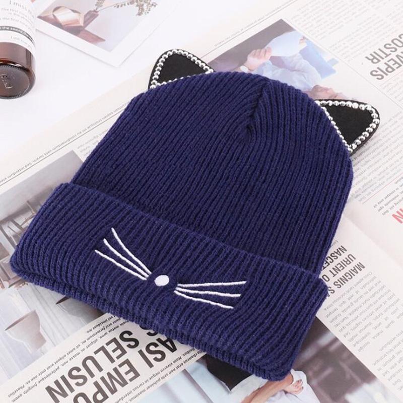

Women Winter Knitted Hats Cap Rhinestone Cat Ears Female Beanies Fashion Hip-Hop Gorro Hat Warm Casual Ladies Embroidery Beanie, Red