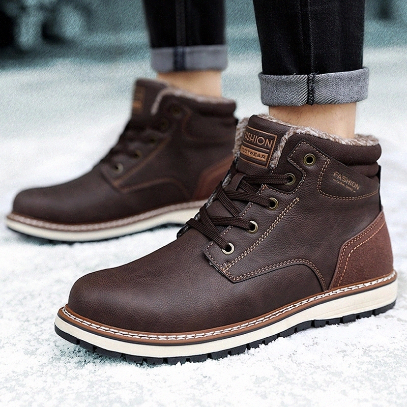

Leather Men Boots Winter with Fur 2020 Warm Snow Boots Men Work Casual Shoes Waterproof Sneakers High Top Rubber Ankle Boots Men #906P