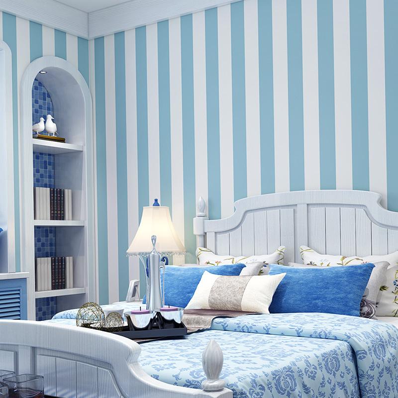 

Wide stripe non woven self adhesive wallpaper living room bedroom shop school apartment decoration self adhesive wallpaper Y117, Wathet