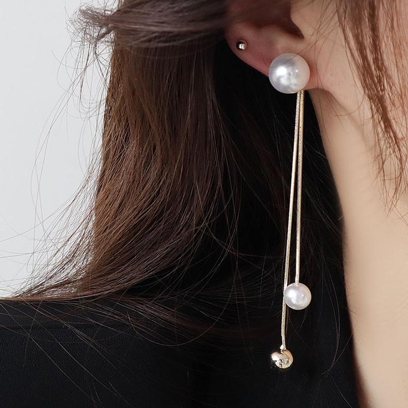 

Stud 14K Real Gold Beads Long Tassel Earrings For Women S925 Needle Elegant Pearl