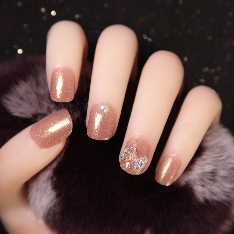 

24pcs false nails short Milk powder crystal sand pearl Butterfly removable Manicure patch wearable full cover fake nail tips, As