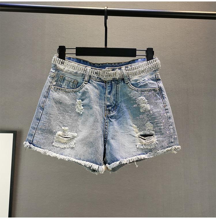 

Cakucool New Summer Denim Shorts Diamond Beading Tassels Shiny Chic Shorts Empire Ripped Holes Slim Female Plus size, Blue no belt