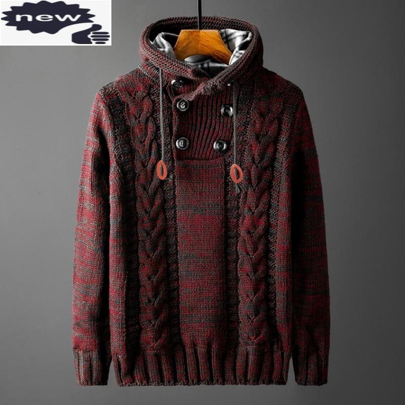 

Japan Style Winter Thicken Fleece Sweater Mens Long Sleeve Double Breasted Hooded Pullover Casual Knitting Sweaters Plus Size, Blue