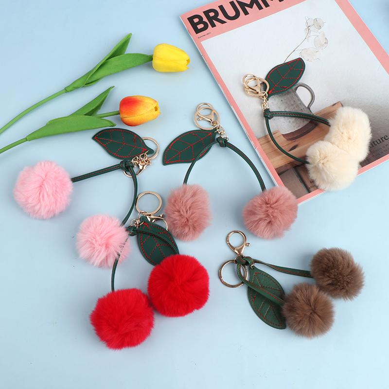 

1Pc Fluffy Artificial Fur Ball Pompom Leaf Cherry Keychain Handbag Pendant Car Key Chain