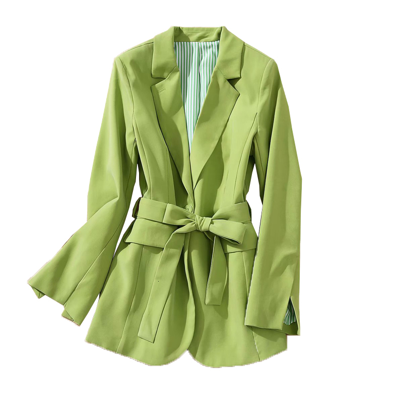 

New Fall Style V-neck Long-sleeved Belt Fine Adjustment Casual Pocket Temper Suit Women' Jacket High Quality Fashion Clothes 5lx3, Green