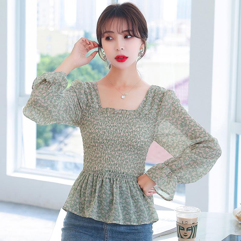 

Chiffon Pleated Square Neck Long Sleeves Thin Summer Women Blouse Short Cut Slim Fit Waist Korean Fashion Lady Shirt, As photo