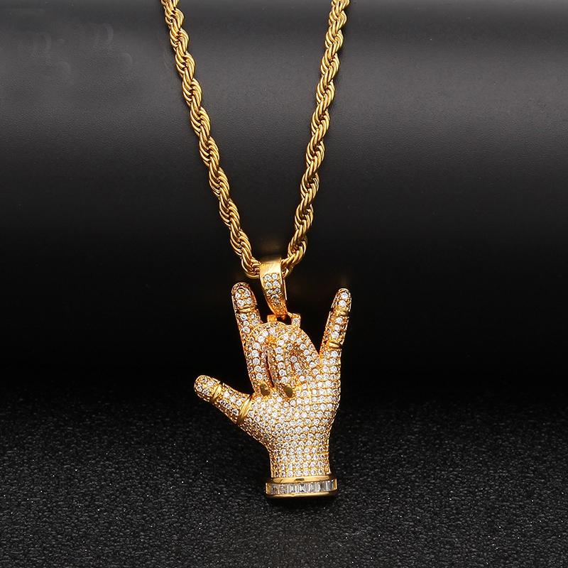 

Pendant Necklaces Hip Hop Full CZ Zircon Paved Bling Iced Out Love You Gesture Pendants Necklace For Men Rapper Jewelry Gold Color Gift