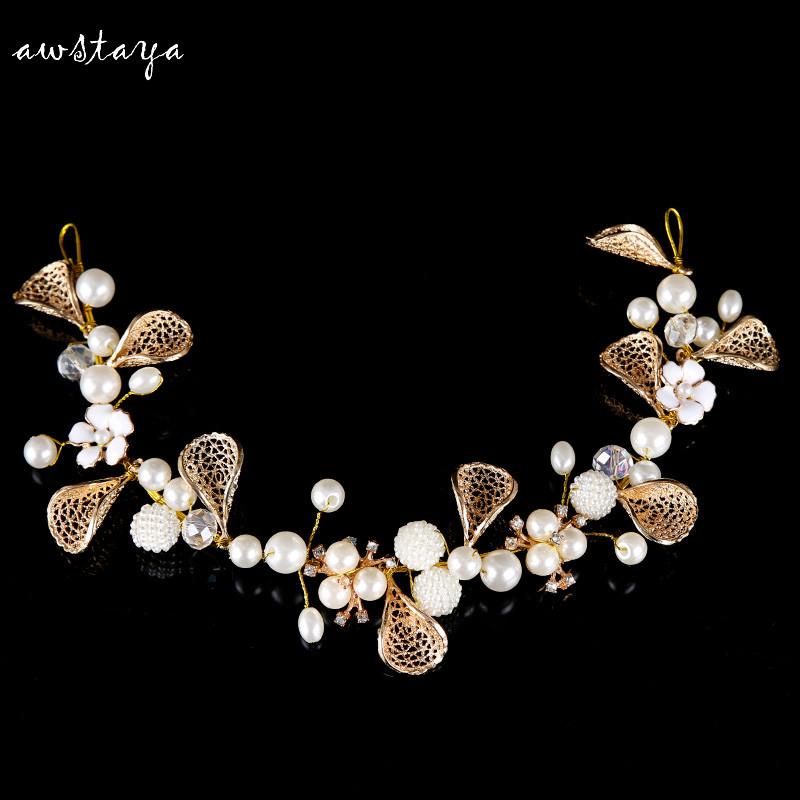 

Pearl Gold Metal leaves Bride Headband Women Imitation Pearl Headdress Hairband Wedding Jewelry Hair Ornaments Headwear