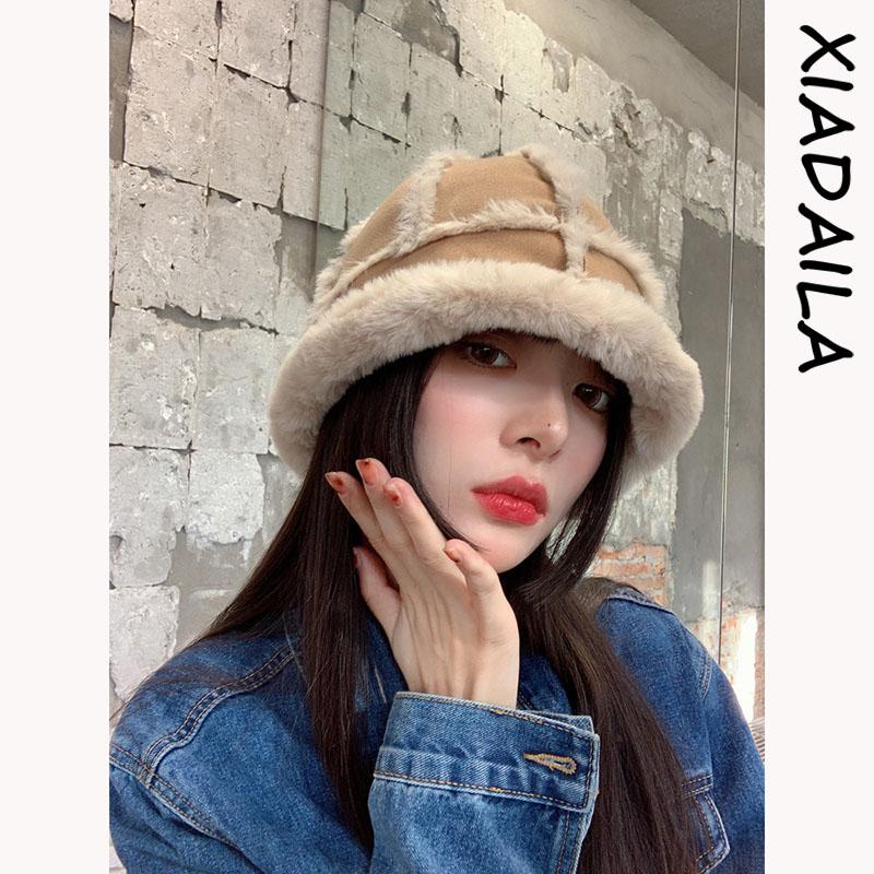

Women Hat Suede Artificial Fur Warm Female Cap Faux Fur Winter Bucket Hat for Women Outdoor Sunscreen Sun Panama Lady Cap, Brown