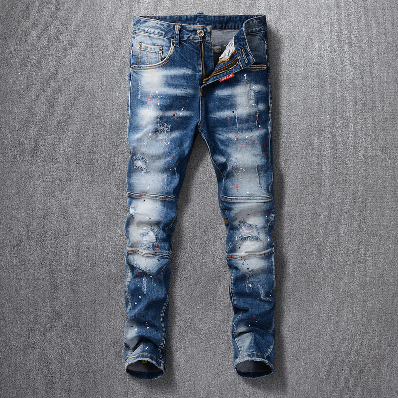 

2021 New Italian Style Fashion Men Jeans Retro Blue White Wash Elastic Slim Fit Ripped Denim Trousers Spliced Designer Hip Hop Long Pants 5m