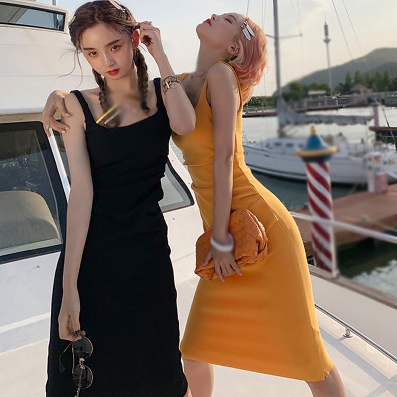 

Sweet Sleeveless Women Dress 2020 Korean Style Solid Square Collar Slim Knee-Length Strap Dress Slim Lady Girl Fashion