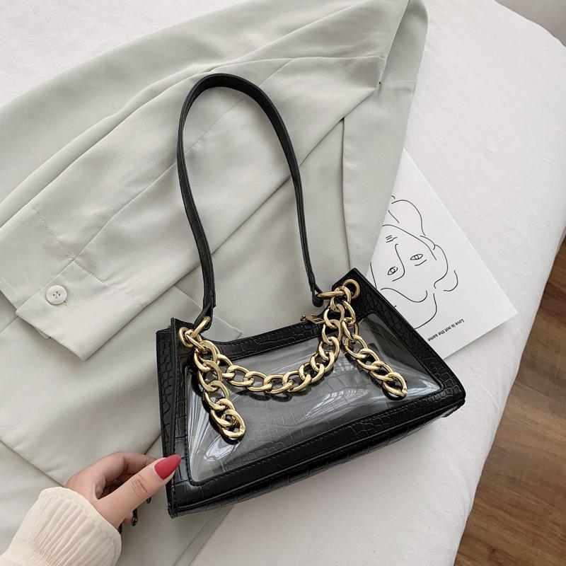 

2021 Summer New Shoulder Bag Fashion Transparent Female Bag Chain Handbag Lady PU Shoulder Shopping, Black