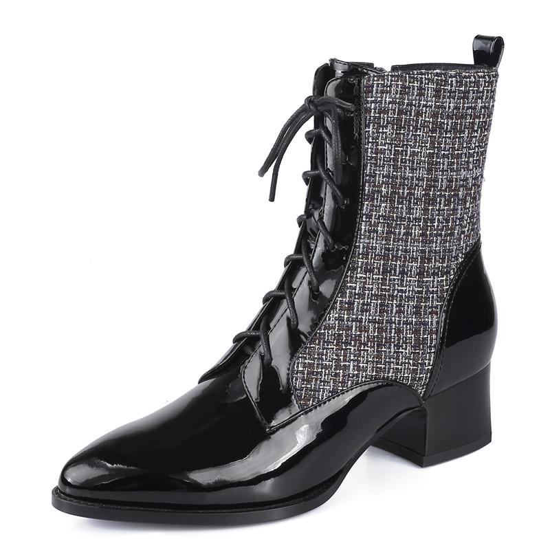 

Matin Boots Pointed Square Heel High-top Women Shoes Ankle Booties Splicing Cloth 2020 New Fashion Casual Thick Heel Leather, Black